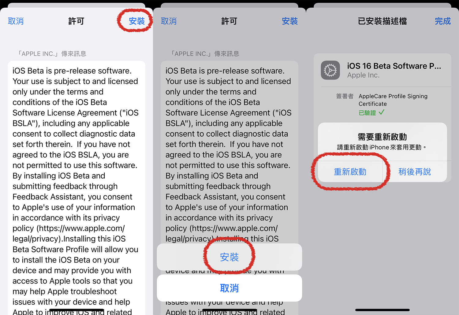 照片中提到了许可、APPLE INC.、iOS Beta is pre-release software.，包含了屏幕截图、屏幕截图、字形、网页、线